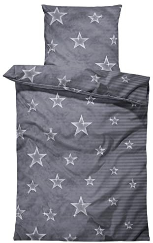 one-home 4 teilig Bettwäsche 155x200 cm Sterne Stars dunkel grau Komfortgröße Mikrofaser
