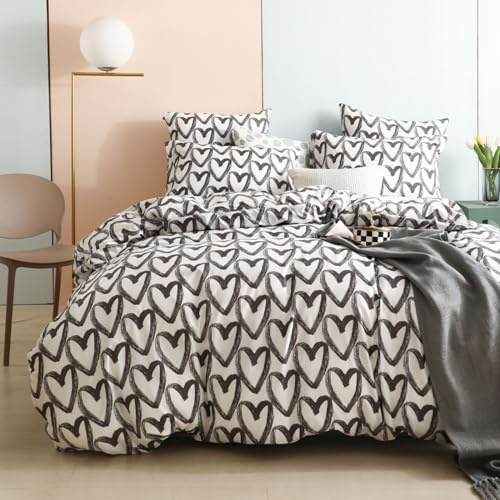 Freyamy Herz Bettwäsche 200x220 Herzen Weiß Grau Herzchen Bettwäsche Set | Aesthetic Bettwäsche, 3teilig Bettwäsche-Sets, Microfaser ÖKO-TEX Bettbezug mit Reißverschluss und 2 Kissenbezug 80x80cm