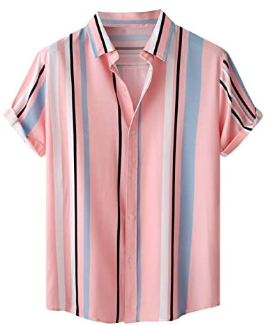 Chemise Homme Printemps et Été Simple Boutonnage Chemise Casual Imprimé Plage Manches Courtes Vacances En Plein Air Chemise Hommes Satin Chemise Noir, Rose, M