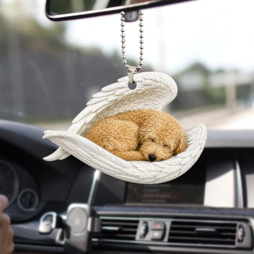 Talataca Goldendoodle Schlafender Engel Flügel Gedenkhund 2D Flach Auto Rückspiegel Zubehör Weihnachtsbaum Ornament Dekoration Hängender Charme Innen Rückansicht Anhänger Dekor Geschenk