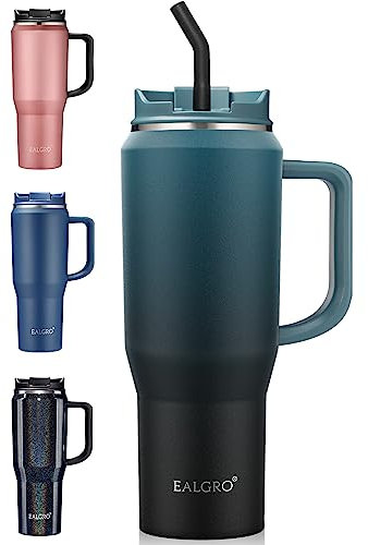 EALGRO Botella de agua aislada de 40 onzas con popote y asa, termo de agua deportivo grande de metal, taza de café de viaje de acero inoxidable, vasos térmicos para café con tapa, negro índigo