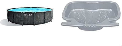 Intex Premium Frame Pool Set Prism Greywood Ø 457 x 122 cm, Dunkelgraue Holzoptik & Foot Bath - Poolzubehör - Fußbad, Grau, 45.72 x 8.89 x 55.88 cm