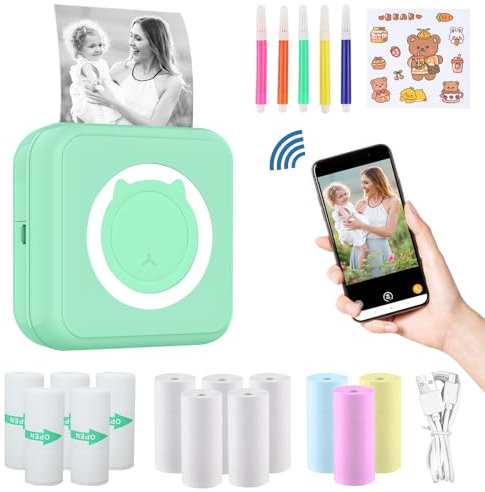 ZAKVOP mini drucker für Smartphone, mini Tragbare Fotodrucker, mini Pocket Printer, Bluetooth thermodrucker für iOS und Android, Aufkleber drucker für Journal, Notizen, Liste, Memo - Grün