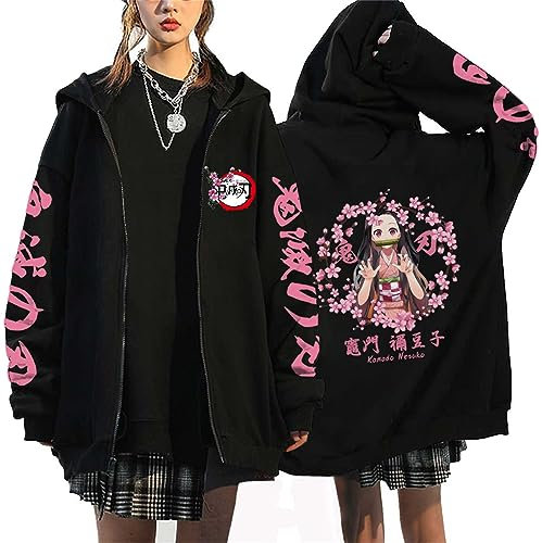 zhedu Zip Up Hoodie Kamado Nezuko Grafik Harajuku Langarm Y2k Casual Oversize Hip Hop Punk Streetwear Mantel (M,Color 01)