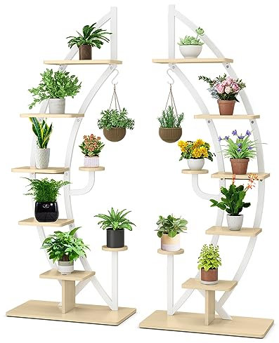 GOPLUS Support Plantes Interieur en Métal à 6 Niveaux, 2 Porte Plante Interieur Incurvé et 14 Étagère pour Jardinière en Forme de Demi-lune avec Crochet, Présentoir Bonsaï pour Salon, Balcon