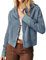 Les umes Womens Zip Crop Waffle Knit Hoodies Casual Short Long Sleeve Sweatshirt Tops with Pockets Blue L