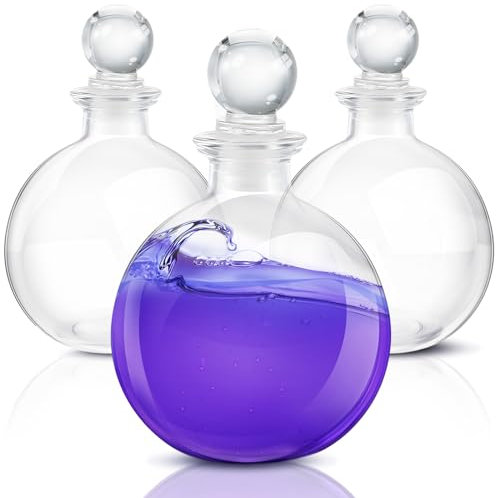 Tessco 3 botellas esféricas de poción redondas de vidrio transparente, botellas decorativas grandes de bruja para Halloween, Navidad, disfraces, decoración de manualidades (5.3 pulgadas, tapón de bola