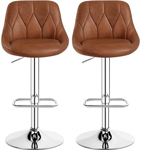 Yaheetech Modern Bar Stools Set of 2 Height Adjustable Swivel Chair with Backrest Chrome Footrest for Breakfast Counter Home Kitchen Retro Brown