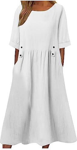 Women Dresses UK Clearance Summer Cotton Linen Dress Short Sleeve Midi Dresses with Pocket Baggy Casual Pleated Dress Plain Oversized Dresses Solid Holiday Party Beach Dress Elegant Shift Sundress