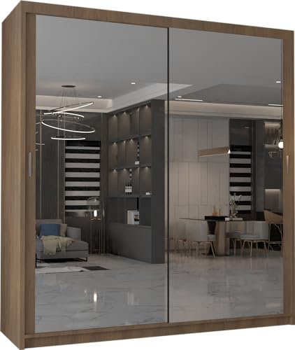 MN Furniture EDINBURGH MIRROR SLIDING DOOR WARDROBE WITH SHELVES AND HANGING RAILS EXTRA SPACE WITH CLOSET CHRONICLES (Walnut, 150cm)