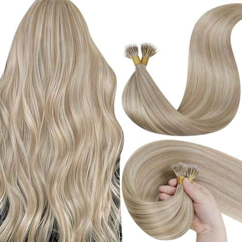 LaaVoo Nano Ring Hair Extensions Real Human Hair Dark Blonde Highlight Bleach Blonde Nano Hair Extensions Nano Beads Remy Hair Extensions 16 Inch 1g/s 50g #18/613