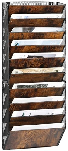 TQVAI 10 Compartiments Porte Revue Mural Bois Rangement Document Papier A4 Dossier Papeterie Organisateur de Bureau pour Bureau, Maison, École, Noir/Antique