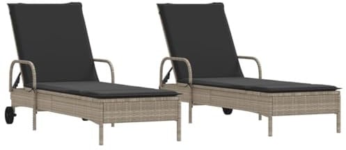vidaXL Sonnenliegen 2 STK., Sonnenliege mit Auflagen 2 Rädern, Relaxliege für Garten Terrasse, Gartenliege Sonnenbett, Hellgrau Poly Rattan