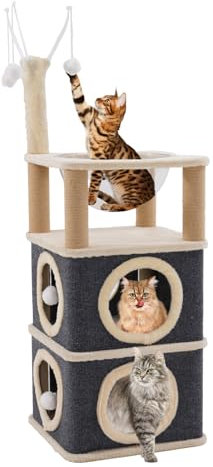 Maison pour Chat - Grande Grotte 2 Étages Avec 4 Arbres, Tour d'Escalade, Lit à Capsules Spatiales et Balle
