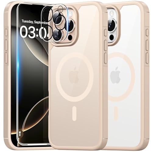 TAURI für iPhone 16 Pro Hülle 6,3 mit Panzer Schutz Glas Folie, Kompatibel mit MagSafe, Schutz nach Militärstandard, [Anti-Vergilbung] Stoßfest Magnetisch Handyhülle - Titan Wüstensand