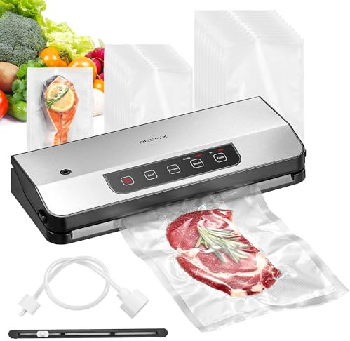 Vakuumierer, Reemix 8-in-1 Lebensmittel Vakuumiergerät mit 65 KPA Starker Saugkraft, Vakuumgerät mit eingebautem Cutter, 20 Vakuumbeutel & Zubehörschlauch, LED-Anzeigen, Leicht zu reinigen