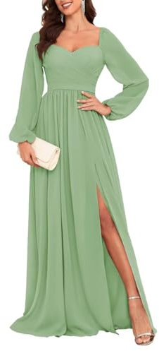 HPPEE Long Sleeve Bridesmaid Dresses Sage Green for Wedding Pleated A Line Chiffon Formal Dress with Slit UK16
