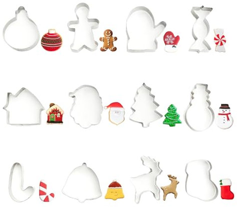 12 Pcs Christmas Cookie Cutters,Christmas Cutters Mini Cookie Cutters,Christmas Holiday Cookie Molds Biscuit Cutters,Gingerbread Tree Snowflake Candy Cane Santa Claus Snowman Reindeer Gloves and More