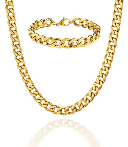 ALANETA Collar Cadena Cubana Maciza de 60cm para Hombres Cadena de Acero Inoxidable bañada en oro 18k. Hecha a Mano. Regalo para Él. Joyería para Hombres (Oro/Plata/Negro 7mm)