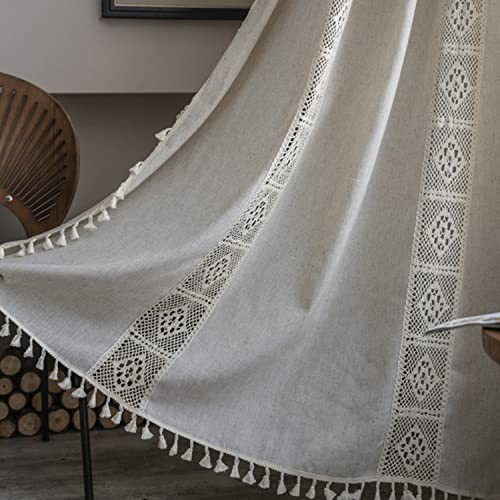 Tospass Vintage Landhausstil Häkeln Stricken Vorhang Boho Bohemien Vorhänge Aushöhlen Quaste 2 Stück Gardinen Outdoor Leinen Baumwolle Gardienen für Wohnzimmer Schlafzimmer Curtains 150x180 cm Beige
