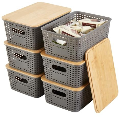 Sagittar 6er-Set Aufbewahrungsbox mit Bambus Deckel, Imitierter Rattan Kunststoff Aufbewahrungskorb, Stapelbare Aufbewahrungsboxen, Organizer Ideal für Büro, Kleiderschrank (Grau)