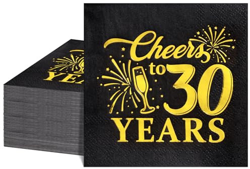 50 Stück 3-Lagige Servietten 30. Geburtstag, 25 x 25 cm Cocktailservietten Schwarz Gold Happy Birthday Servietten für Mann Frau 30 Geburtstag Deko