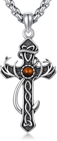 Seiyang Tigerauge Kreuz Halskette 925 Sterling Silber Halskette mit Hirschgeweih und Angelhaken Jagd Halskette Kreuz Schmuck für Männer