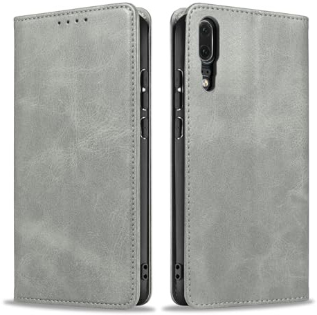 LBH Handyhülle Smartphone-Hülle für Huawei P20 Klapphülle Magnetverschluss Kartenfächer Geldfach Standfunktion Case Etui Rundumschutz Schutzhülle Grau