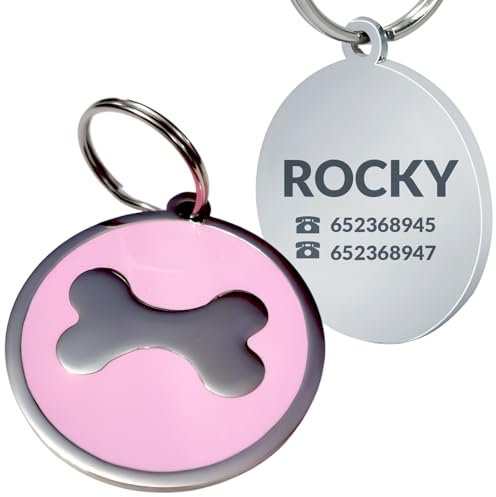 Chapa de Identificación Personalizada para Perros y Gatos – Placa Grabada de Acero Inoxidable con Nombre y Teléfono – Ideal para Mascotas Pequeñas, Medianas y Grandes (Redondo hueso rosa 37 cm)