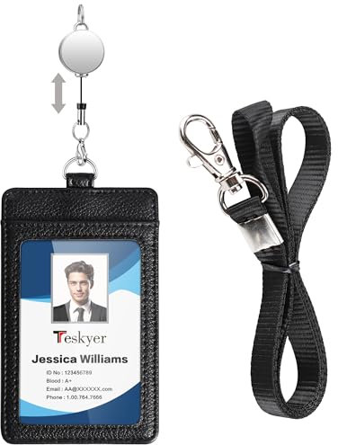 Teskyer Porte Badge tour de Cou - avec Cordon Rétractable, Cuir PU, 2 Emplacements pour Cartes, Vertical, Noir