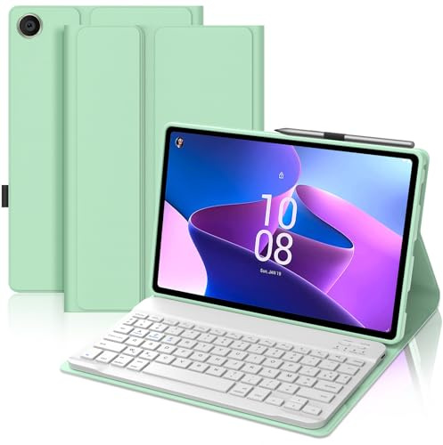 Coque Clavier pour Lenovo Tab M10 3e Gén 10.1 Pouces, AZERTY Français Housse Clavier Bluetooth Magnétique Détachable avec Porte Crayon pour Tablette Lenovo Tab M10 3eme Gén 10.1 2022, Vert Clair