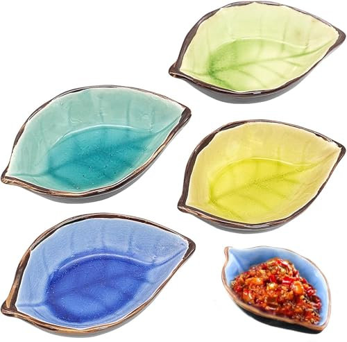 4 Pièces Plat de Sauce Ceramique,10.8x7x2.8 cm Petit Bol Sauce Soja en Forme de Feuille,Bols à Tapas et Sauces Céramique,Coupelle Sauce Assiette,Bols à Trempette pour Assaisonnements,épices,Collations