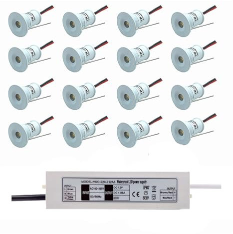 LGJEGD 12 V 1 W Deckenstrahler mit 30 W Transformator, mehrfarbiger 15 mm Einbaustrahler, dimmbar, 16er-Pack (Green Light,30 Degrees)