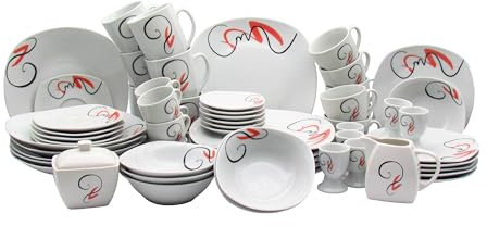 XXL Kombigeschirrset Aurelia 62 tlg. für 6 Personen | hochwertiges Porzellan in Coup - Form | weiß mit modernen Akzenten | Spülmaschinen- & Mikrowellengeeignet