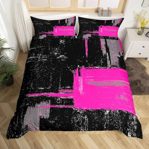 Loussiesd Noir Rose Chaud Housse de Couette 220x240cm Géométrique Housse de Couette pour Garçons Filles Enfants Abstrait Parure de Lit Chambre décor Art Moderne Literie Set 3 pièces
