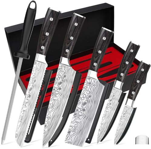 5PCS Kitchen Knife Set with Chef Nakiri Bread Fruit Knives Sharpener Rod | Professional Knife Sets High Carbon German Stainless Steel Sharp Cooking Knives Protective Sheaths Finger Guard Gift Box