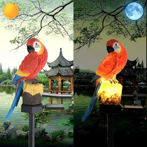 YZYOE Solarenergie Rotes Papagei Licht, Garten Dekoration Harz niedliche Tier Bodenlampe, drahtlose Dämmerung zu Dawn LED Sconce Lichter wasserdicht.