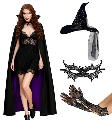 TAGVO Halloween Costume da Strega Donne Viola, Halloween Streghe Accessori con Cappello, Guanto, Maschera per Gli Occhi, Mantello, Costume per Carnevali in Maschera Festa Cosplay
