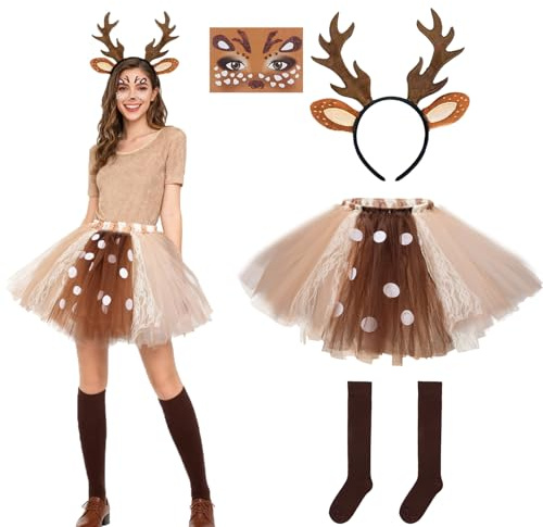Tobriavor Rentier Kostüm Damen Rentier Haarreif Tüllrock Temporäre Tattoos Socken Reh Kostüm Weihnachtskostüm für Halloween Weihnachten Cosplay