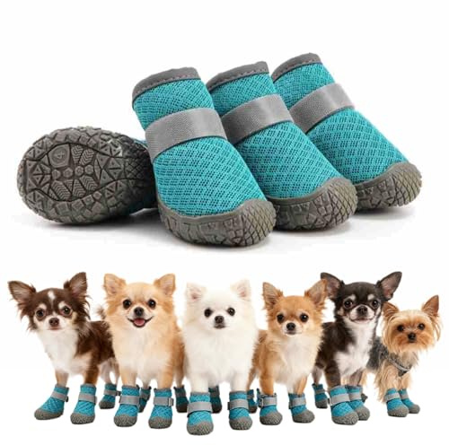 4-teiliges Set Hundeschuhe für verletzte Pfoten, rutschfeste atmungsaktive Hundestiefel mit Mesh, verstellbare Pfotenschützer gegen Frost und Schnee für kleine 6-9kg blau (Pfotenlänge bis 4,8 cm)