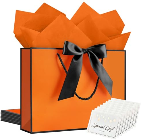 lomdung 8 Stück Geschenktüten mit Schleife, Orange Farbe Geschenktüten mit Henkel, Geschenktüte Hochzeit, Geschenktüte Geburtstag， mit 8 Grußkarten und 10 Orangefarbenen Seidenpapieren
