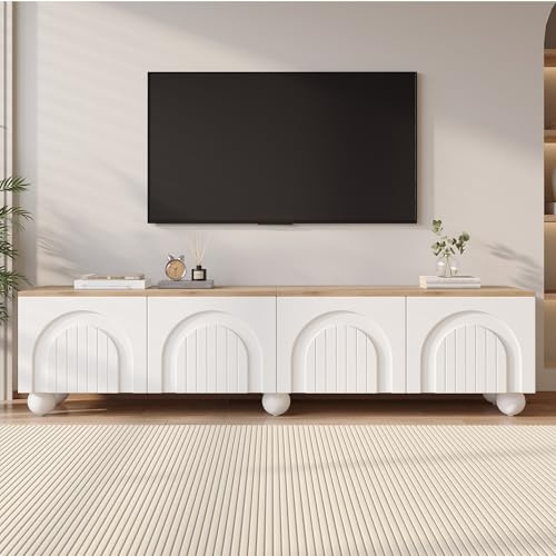 LULUWA Meuble TV avec 4 armoires 180 x 40 x 45 cm, support TV et meuble TV avec 6 pieds sphériques en métal, meuble bas et commode TV Convient pour les téléviseurs de 80 Couleur bois + blanc