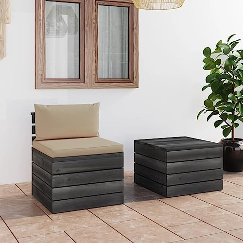 JHQHSM 2-TLG. Garten-Sofagarnitur aus Paletten mit Kissen Kiefernholz, Lounge-Set für Terrasse und Garten, Modulares Paletten-Lounge-Set mit Tisch und Kissen aus Massivholz, Bequeme
