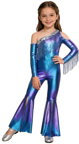 Yiesvsov Mädchen Metallic Jumpsuit Mit Pailletten Fransen Disco Outfit One-shoulder Hippie Kostüm Moderne Tanzarten Jazz Karnevalskostüm Rave Outfit