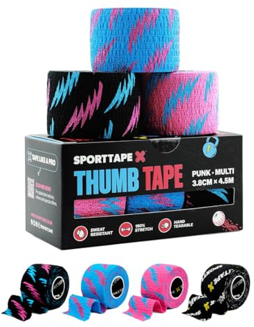 SPORTTAPE 3 Rollen Hook Grip Daumentape - 3,8 cm x 4,5 - Gemischt | Selbstklebendes, schweißfestes & reißbares Baumwolle, Ideal für Gewichtheben, Powerlifting & Training - 90+ Anwendungen