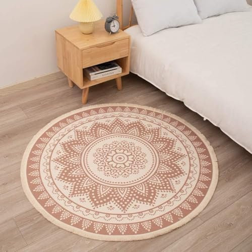 MeMoreCool Boho Runder Teppich, In- und Outdoor 120CM Mandala Baumwolle Teppiche Handwebte Waschbar Vintage Teppiche mit Quasten für Garten Balkon Wohnzimmer Schlafzimmer