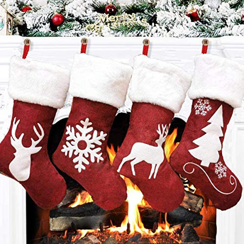 Dremisland 4 Piezas Calcetín de Navidad Grande 46cm Calcetines de Navidad Bolsa de Regalo Bordado de Muñeco Nieve Reno Media de Navidad Adorno de Navidad Bolsa de Dulces