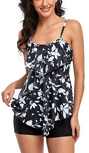 FLYILY Maillot de Bain 2 Pièces Femme Tankini Ensembles à Volants Maillot Haut Imprimé avec Short de Garçon(BlackLeaf,XXXL)