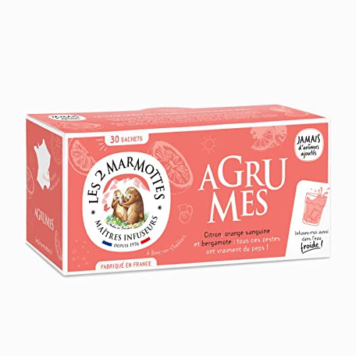 Les 2 Marmottes - infusion Agrumes 30 sachets - Citron, orange sanguine et bergamote - Fruitée et Gourmande - Made In France - Sans arômes ajoutés - 39g