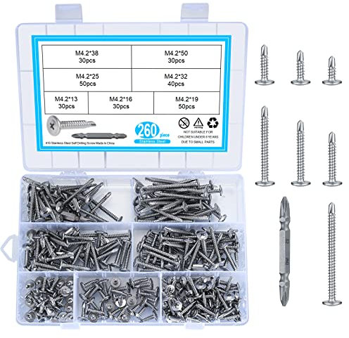 260 Stück Bohrschrauben Selbstschneidend, Edelstahl Flachkopf Kreuzschlitz Schrauben Set, Selbstbohrende Schrauben für Metall, Stahlfliesen - M4.2 * (13mm/16mm/19mm/25mm/32mm/38mm/50mm)